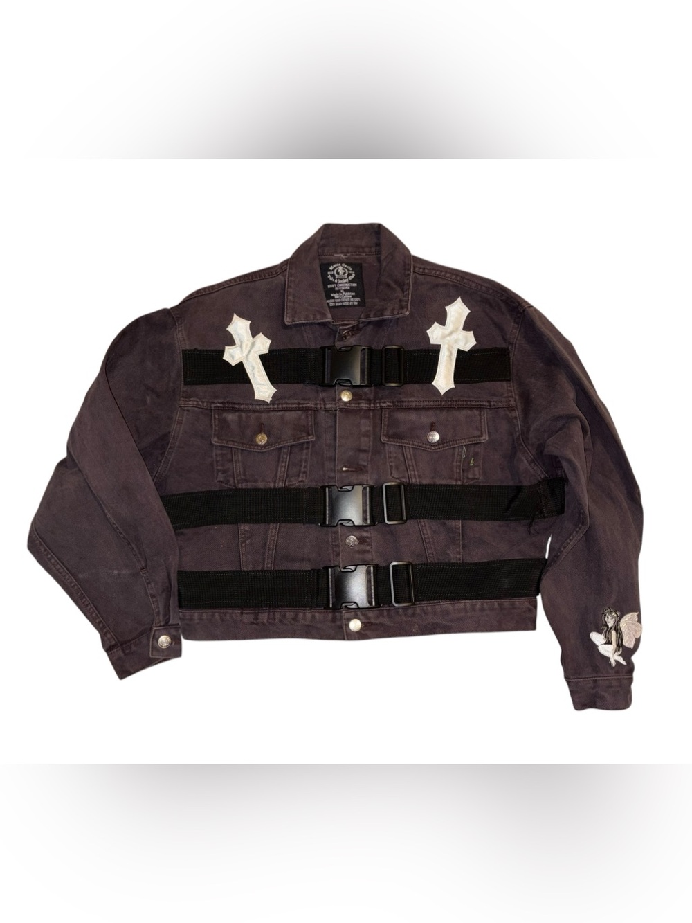 Monte Carlo Brown Washed Denim Jacket with Buckle Straps and Cross Appliqué XL